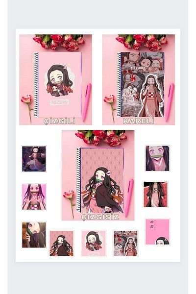 animeandyourworld Nezuko komado 3 notebooks A4 size lined + plaid + unlined and 9 photo cards