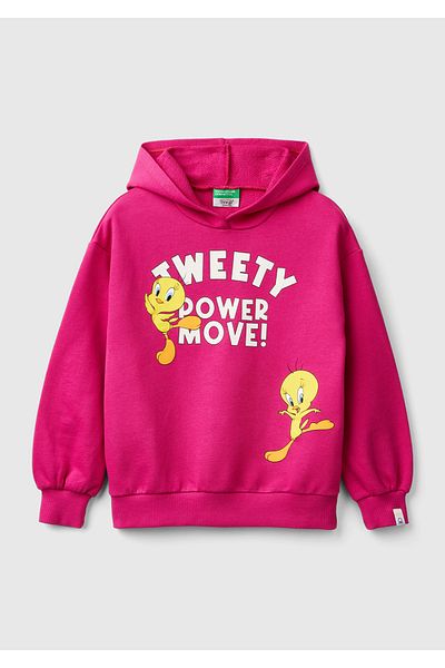 United Colors of Benetton Fuchsia Tweety Printed - Girl's Hooded Off Shoulder Sweatshirt