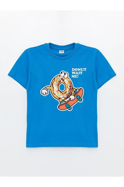 LC Waikiki Tricou pentru copii LCW pentru băieți - albastru vibrant, decolteu, imprimat, cu paiete reversibile, mânecă scurtă