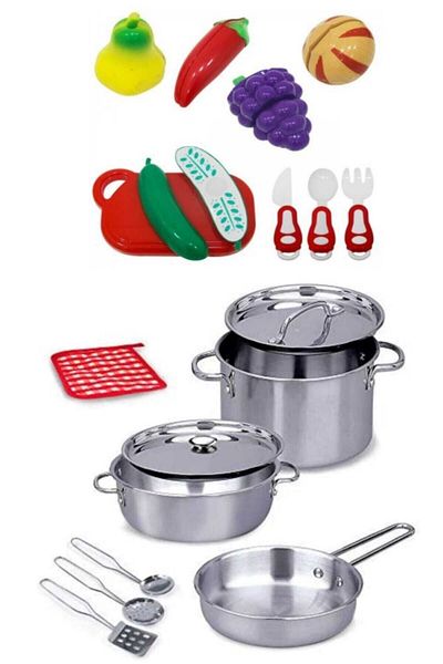 Depomiks Avm Toy Steel Pot Pan Set + 14 Piece Cuttable Fruit and Vegetable Set Girl Boy Toys