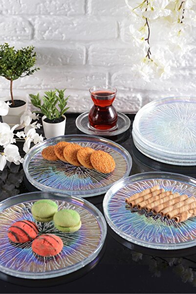 ANGDESİGN Angdesign Paris Cam Pasta-kek-tatlı Tabağı 6'lı Şeffaf Lüsterli
