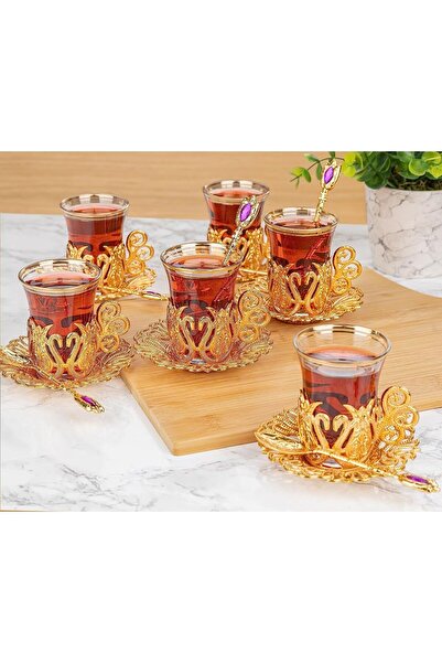 KT HOME طقم شاي مزين بزخارف عثمانية مع ملعقة طقم شاي تركي فنجان شاي تركي تقلي...