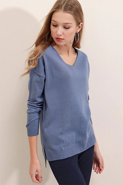 AQE FASHION Pulover sezonier indigo cu decolteu în V pentru damă