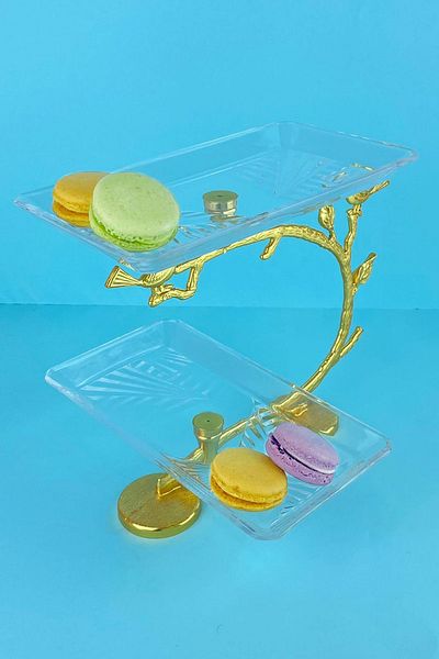 MAY HOME Gold Madlen Rectangular Cookie Holder & 2-Tier Glass Plate Serving Rack