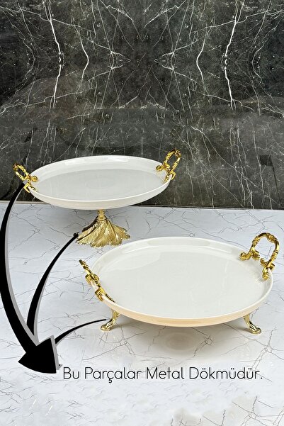 MAY HOME 2'Li Porselen Kand Ayaklı Sofra Sunum Seti & Kek Pasta Yemek Servis Tabağı