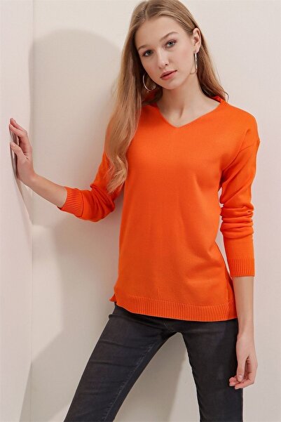 AQE FASHION Kadın Turuncu V Yaka Mevsimlik Kazak