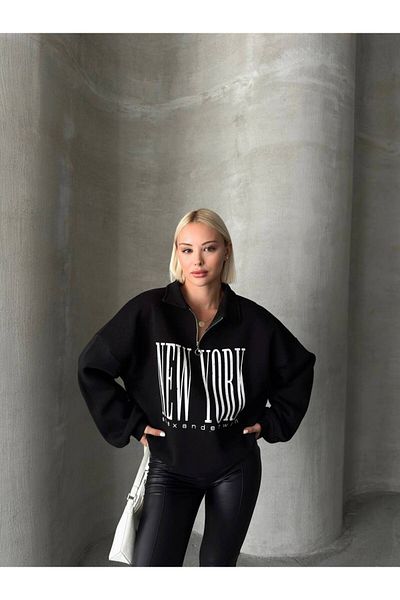 LACASE Hanorac oversize negru unisex - guler vertical, fermoar, imprimat cu 3 fire în interior