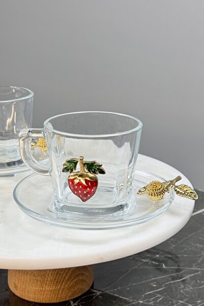 MAY HOME 2 Kişilik Cam Çay Kahve Nescafe Fincanı & Çilek Model Hediyelik Kupa
