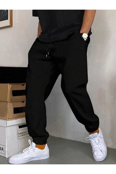 TREND ALİSSE Erkek Siyah Eşofman Altı - Cepli Paça Lastikli Spor Eşofman Altı