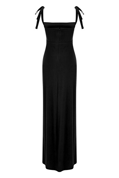 Whenever Company Siyah Ayarlanabilir Askı Kare Yaka Derin Yırtmaçlı Uzun Abiye Elbise