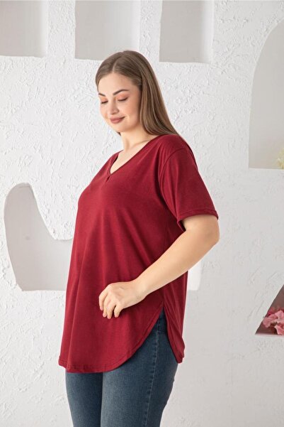 Trendbade Butik تي شيرت نسائي برقبة على شكل حرف V مقاس كبير - أحمر كلاريت