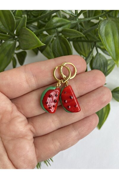 Neta Kadın Murano Cam Karpuz Figür Altın Kaplama Meyve Küpe