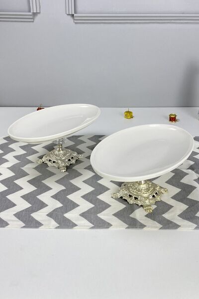 MAY HOME 2'li Porselen Gold Ayaklı Oval Tabak & Sunum Servis Tabağı
