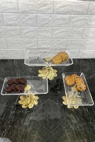 MAY HOME Kand Madlen Glass Serving Set 3 Pieces Glass Serving Rack with Metal Legs