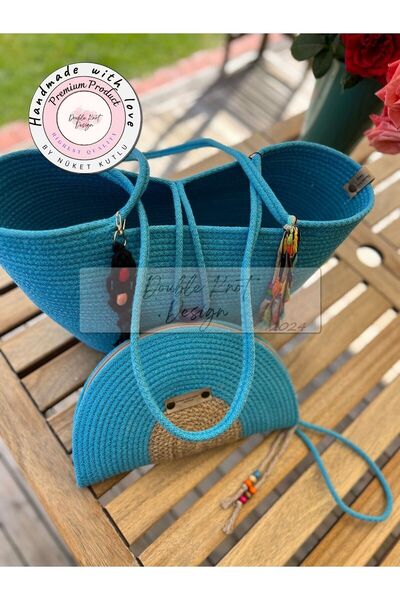 DOUBLE KNOT DESİGN Bella 2li Takım Plaj Çantası , El Çantası Clutch, Totebag,...