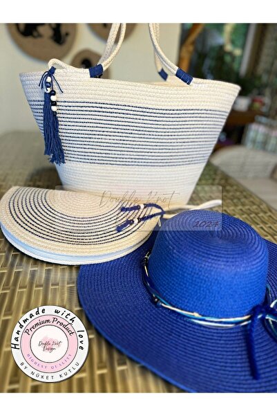 DOUBLE KNOT DESİGN 3lü Takım Plaj Çantası , El Çantası Clutch, Şapka, Totebag...