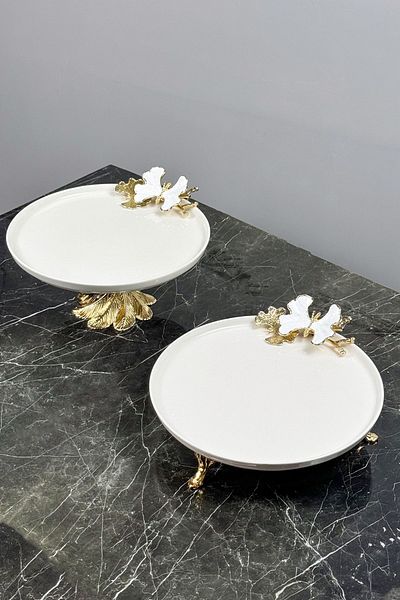 MAY HOME White Butterfly 3-Piece Porcelain Presentation Service Set & Bowl Plate with Stand