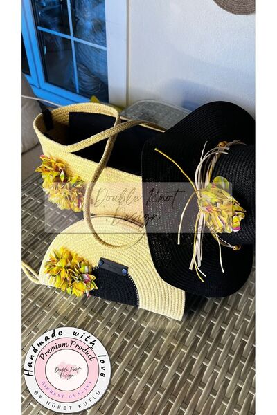 DOUBLE KNOT DESİGN 3lü Takım Plaj Çantası , El Çantası Clutch, Şapka, Totebag...