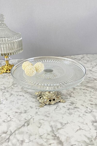 MAY HOME صحن عرض قطع زجاجي بأرجل فضية وعرض حلوى كعكة الكوكيز والفواكه