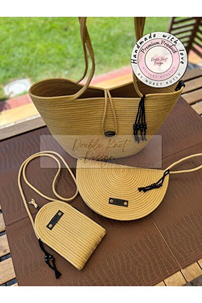DOUBLE KNOT DESİGN 3lü Takım Plaj Çantası  El Çantası Clutch Totebag Kadın Ça...