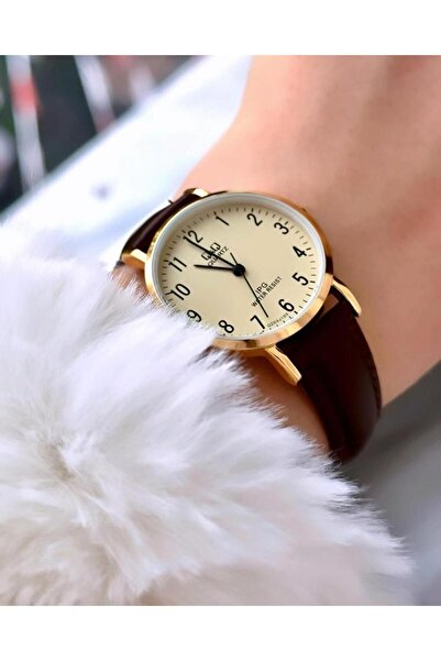 Q&Q White Vegan Leather - Analog Wrist Watch with Gold Metal Stripes