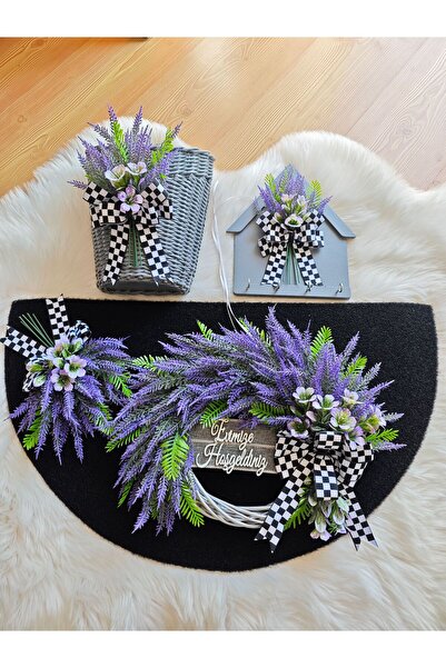 Serçeden Bambu çelenk lavanta çiçekli kapı süsü paspas sepet ahşap anahtarlık 4lü takım