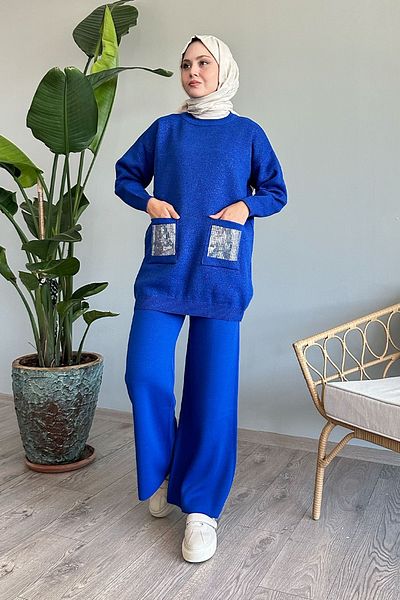 InStyle Saks Blue Sequin Pocket Glitter Knitwear Set