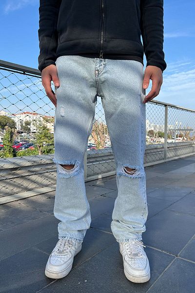 DİFRANSEL Blue Men's Baggy Trousers - Series with Ripped Detail