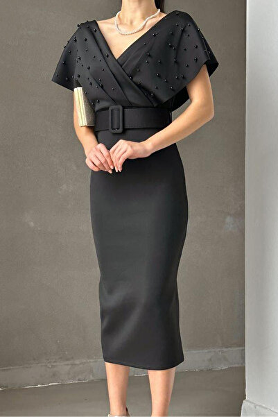 RURIS Kadın Siyah İnci Detaylı Kruvaze Yaka Kemerli Scuba Kumaş Şık Zarif Kal...