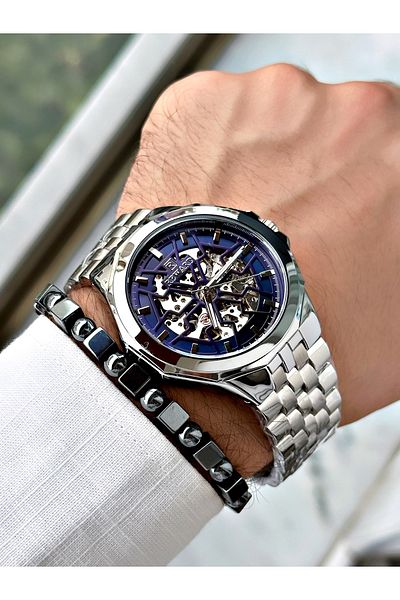 Reward Men's Silver Color Automatic Wrist Watch and Steel Cord - Bracelet Included