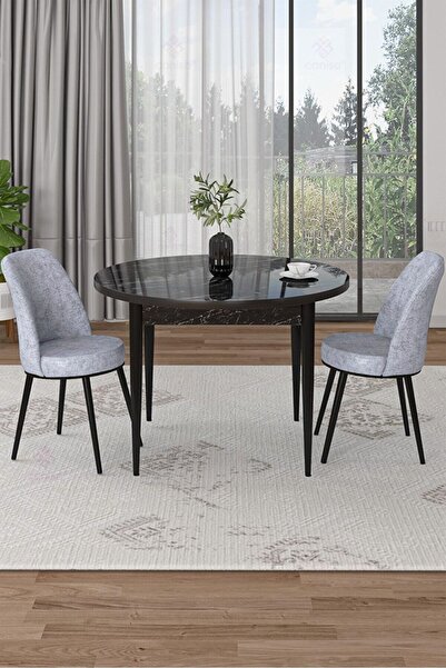 Canisa Tor Serisi Yuvarlak Siyah Mermer Desen Mutfak Masa Takımı Ve 2 Gri San...