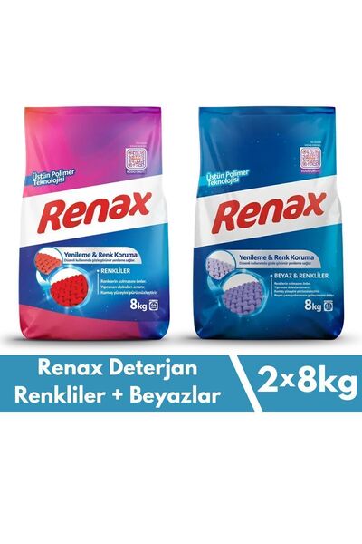 RENAX Toz Çamaşır Deterjanı 8 Kg 2 Li Paket Renkliler Ve Beyazlar