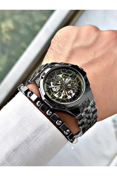 Reward Black Automatic Business Steel Band Men's Wrist Watch and Bracelet Set