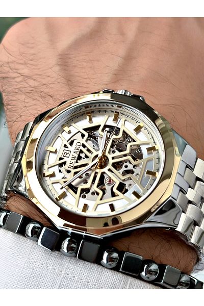Reward Men's Silver Color Automatic Wrist Watch and Steel Cord - Bracelet Included