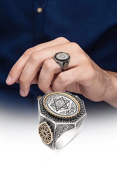 ALYANSEVİM Süleyman Mührü İşleme 925 Gümüş Erkek Yüzük