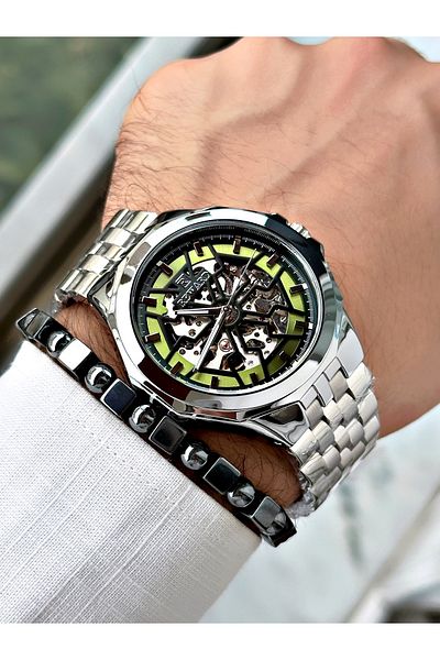 Reward Men's Silver Color Automatic Wrist Watch and Steel Cord - Bracelet Included