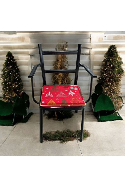 DÜŞLER EV TEKSTİLİ 40*40 Red Pine Patterned Christmas Chair Cushion