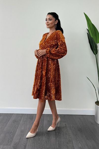giyimmasalı Rochie Midi din Catifea Guler Dublu - Detaliu Paiete AUR