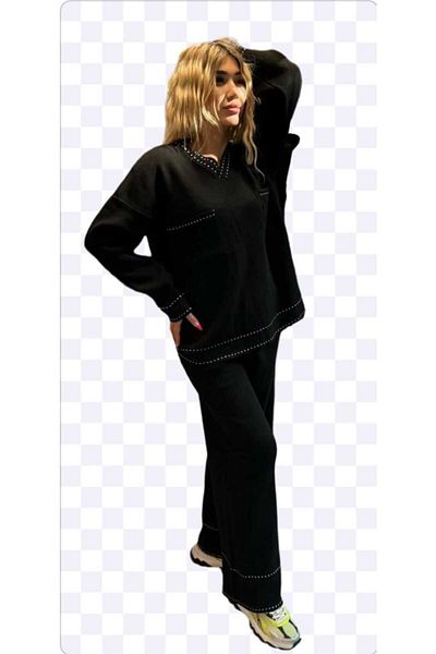 aytenli V-Neck Pocket Stripe Detailed Elastic Waist Trousers Knitwear Blouse Trousers Set