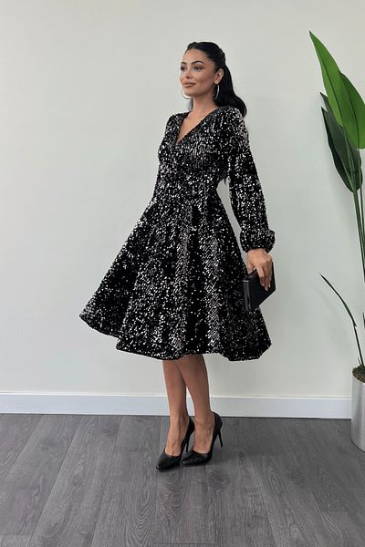 giyimmasalı Velvet Sequin Fabric Double Breasted Collar Midi Dress - BLACK