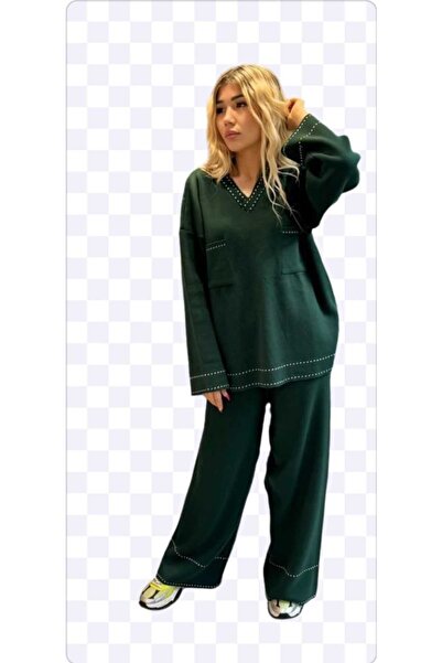 aytenli V-Neck Pocket Stripe Detailed Elastic Waist Trousers Knitwear Blouse Trousers Set