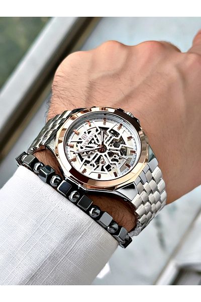 Reward Men's Silver Color Automatic Wrist Watch and Steel Cord - Bracelet Included