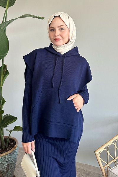 InStyle Navy Blue Knitwear Hooded Dress Set