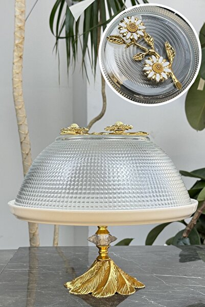 MAY HOME Papatya Detaylı Ayaklı Porselen Cam Kapaklı Kek Fanusu