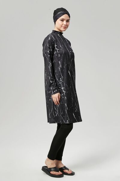 FİT1BEDEN Tam Kapalı Su İtici Hızlı Kuruyan Tesettür Mayo Takım  Desenli Büyük Beden