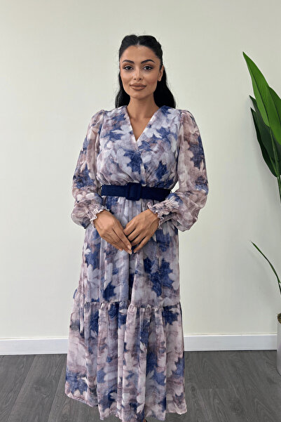 giyimmasalı Rochie din țesătură șifon cu guler dublu - ALBASTRU