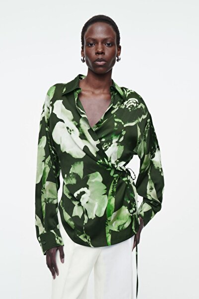 XHAN Yeşil Gömlek Yaka Desenli Kruvaze Bluz 5YXK2-48904-08