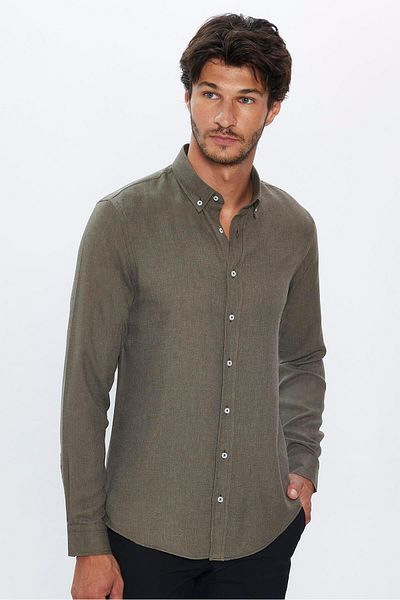 Tudors Slim Fit Long Sleeve Button Collar Winter Wool Viscose Solid Shirt