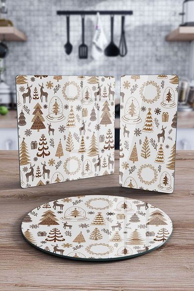Decovetro 3-Piece Mixed Set - Glass Presentation Serving, Brown Mixed Christmas Patterned Plate