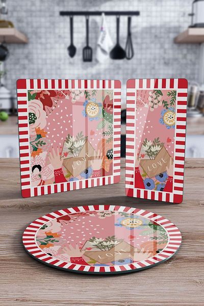 Decovetro Mixed Set of 3 - Glass Presentation Serving, Mixed Color Love Patterned Plate